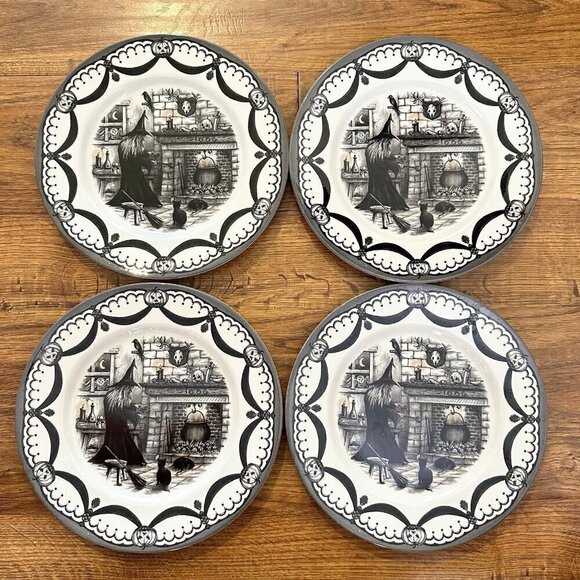 Royal Stafford Halloween Witch Black Cat Dining Plate set of 4 - Picture 1 of 3